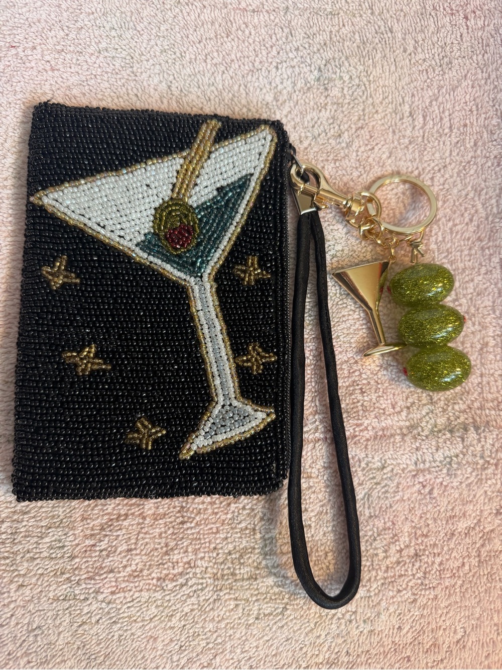 Beaded Martini Wristlet Pouch with Olive Charm - Black and Gold